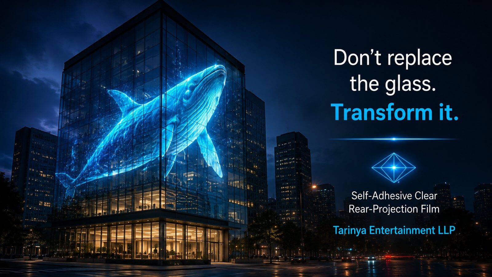 Large glass building transformed by projection
