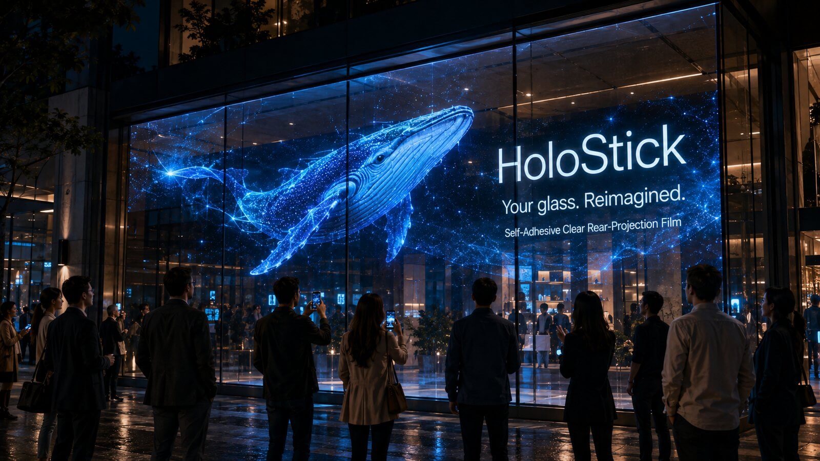 Transparent rear-projection film concept on storefront glass