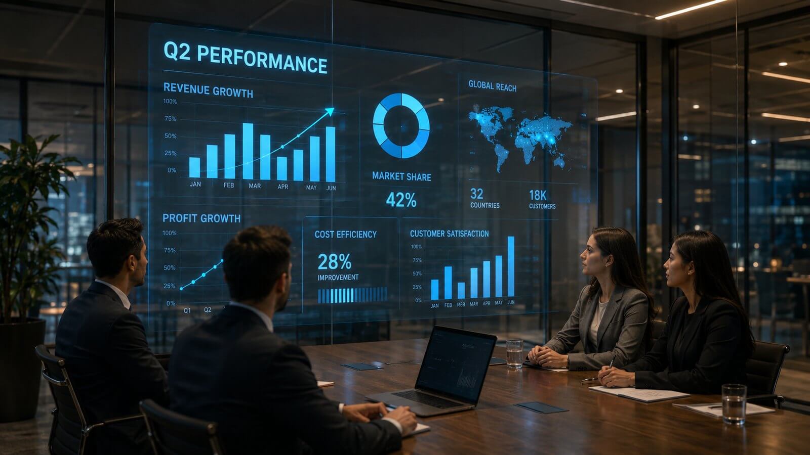 Corporate data presentation on transparent glass